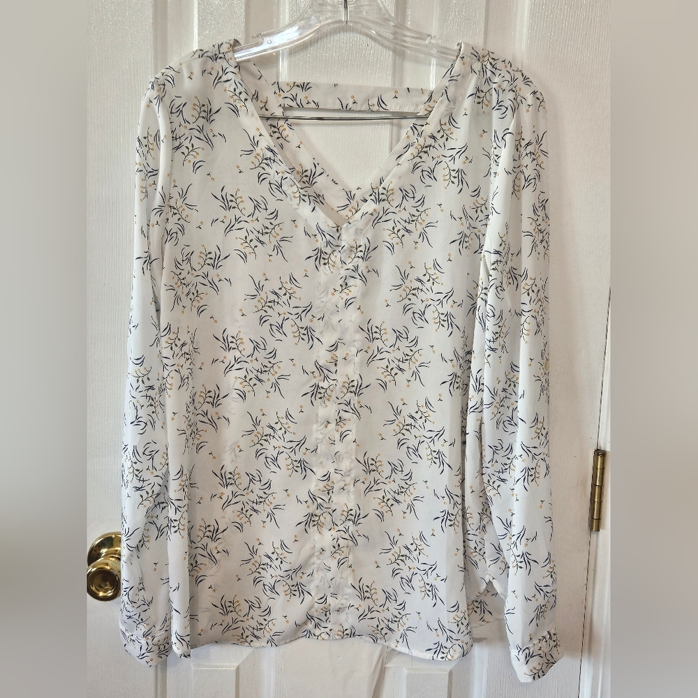 LOFT Blue Floral V Neck Blouse Small